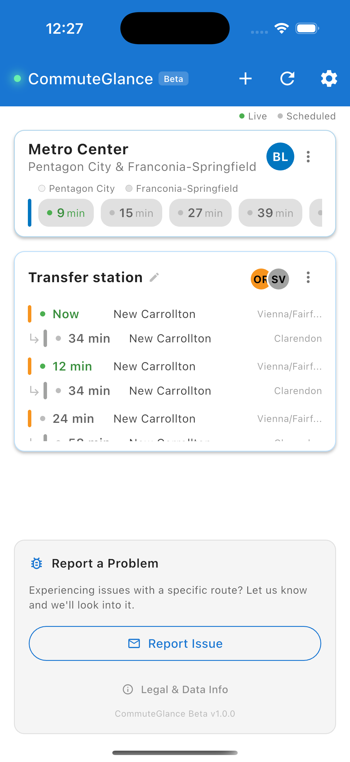 CommuteGlance app showing live Metro and bus departures